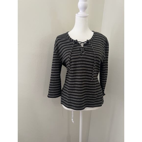 Sonia Rykiel Paris Black And White Stripe Lace Up Cotton Boat Stripe Shirt - Picture 2 of 8